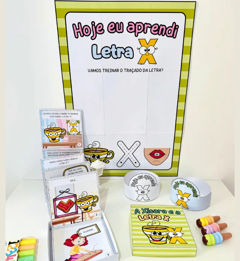 História na Caixa Letra X: kit em PDF com cartaz e coroas — amostra 2: O que acompanha o kit