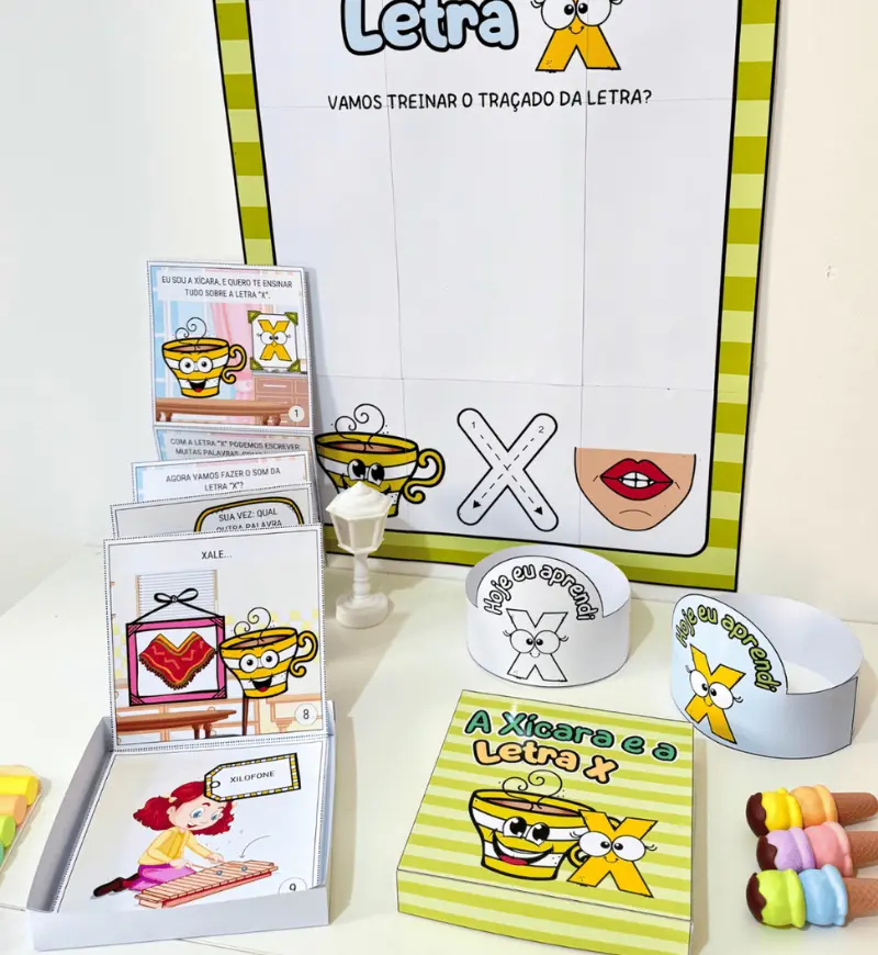 História na Caixa Letra X: kit em PDF com cartaz e coroas — amostra 3: Como usar em sala de aula