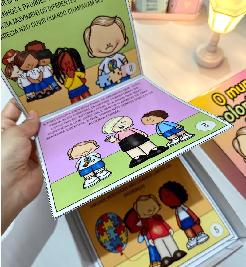 História na Caixa: O Mundo Colorido de João sobre Autismo — amostra 2: O que acompanha o material