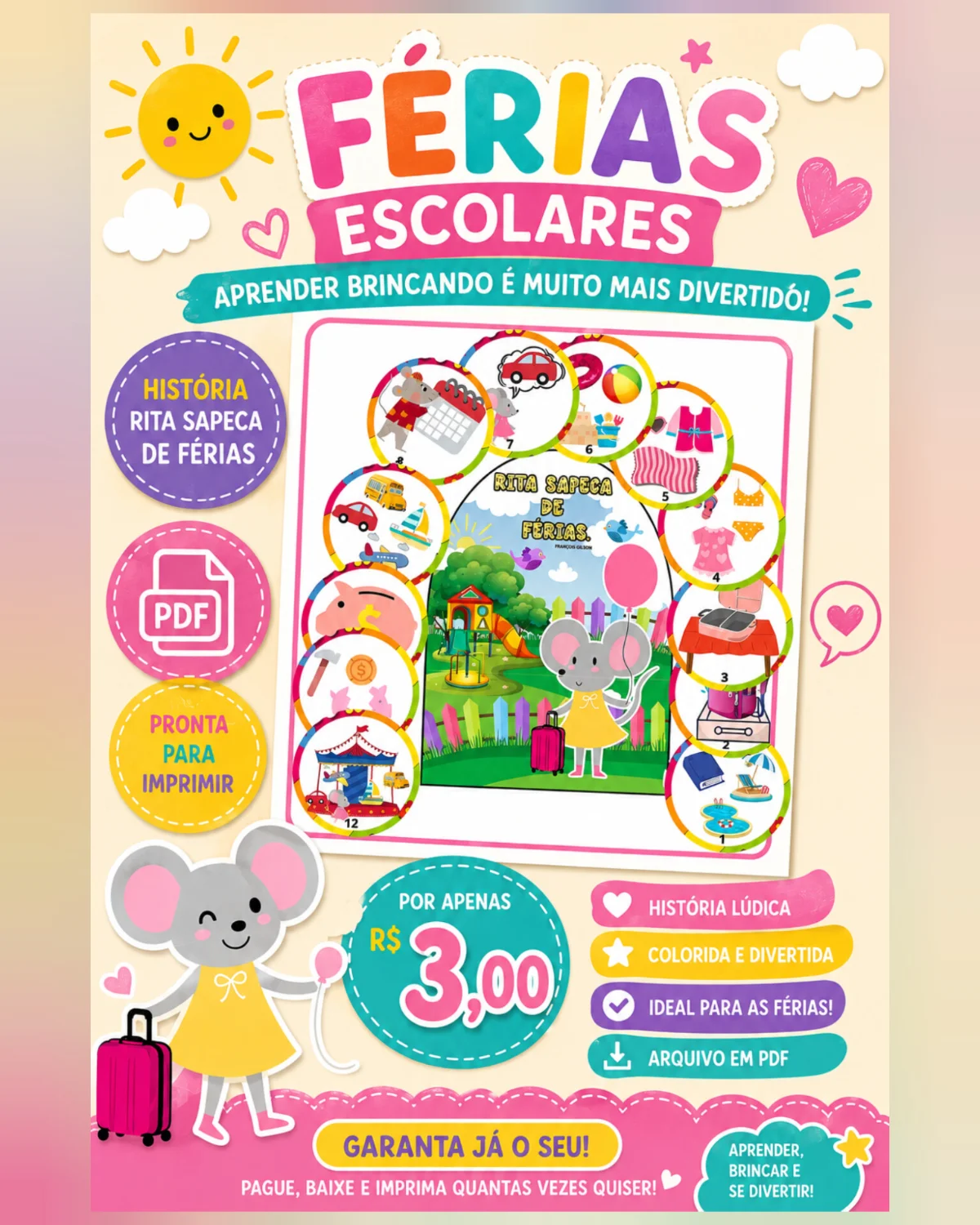 🐭✨ HISTÓRIA NA LUVA – RITA SAPECA DE FÉRIAS! ✨🏖️ — capa do material