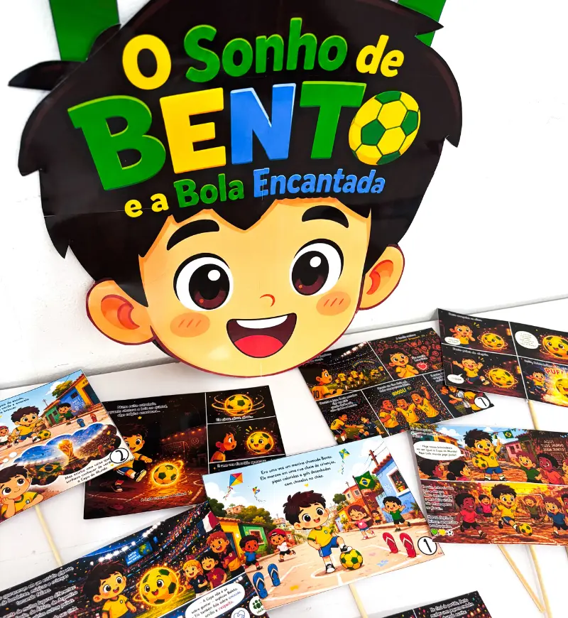 História na Sacola: O Sonho de Bento e a Bola Encantada — amostra 2: O que acompanha o material