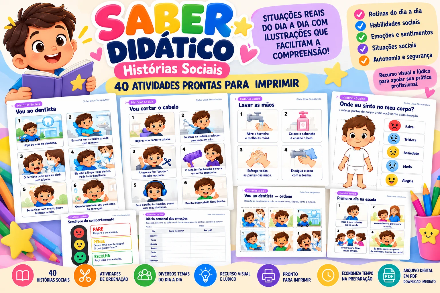 Histórias Sociais: Atividades para Imprimir — amostra 1: Material com 40 histórias sociais ilustradas para imprimir,…