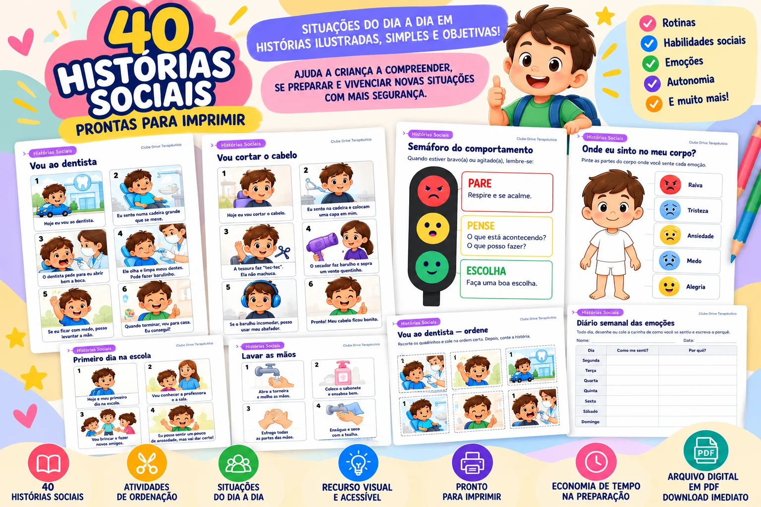Histórias Sociais: Atividades para Imprimir — amostra 2: Material com 40 histórias sociais ilustradas para imprimir,…