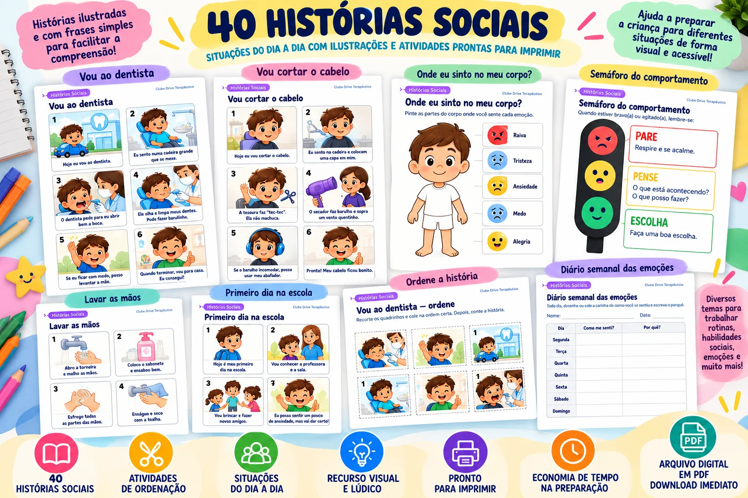 Histórias Sociais: Atividades para Imprimir — amostra 3: Material com 40 histórias sociais ilustradas para imprimir,…