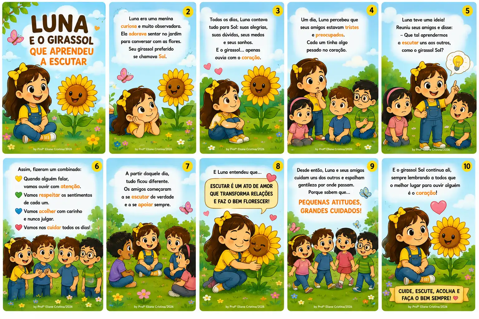 Historinha Luna e o Girassol que aprendeu a escutar — amostra 2: Neste livro, Luna encontra um girassol que só fala de si…