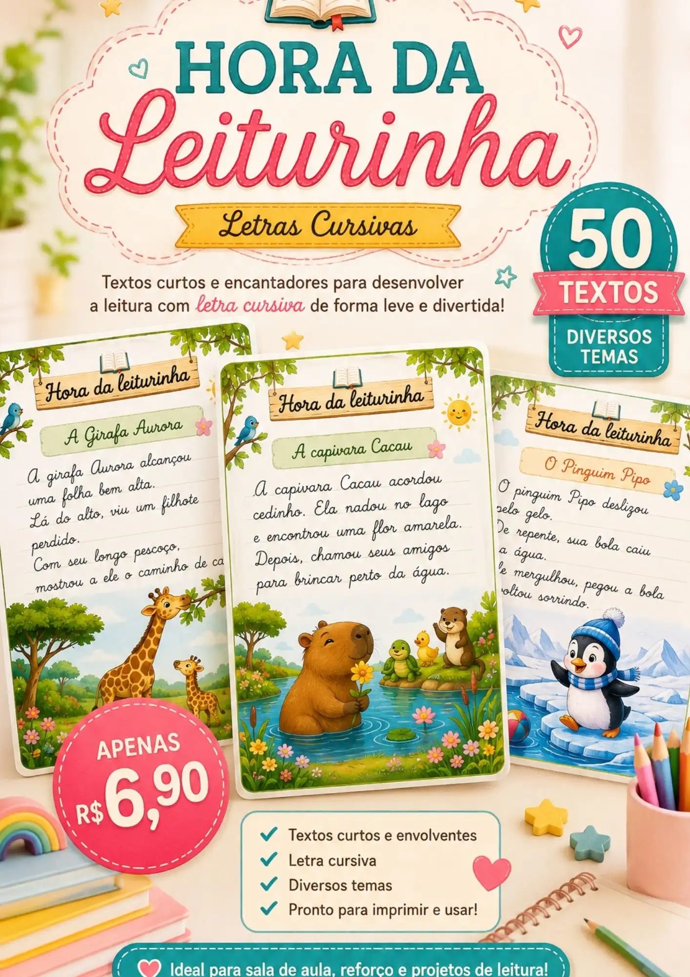 Hora da Leiturinha – 50 Textos em Letra Bastão para Imprimir — Alfabetização para Educação Infantil: 50 pequenos textos em…