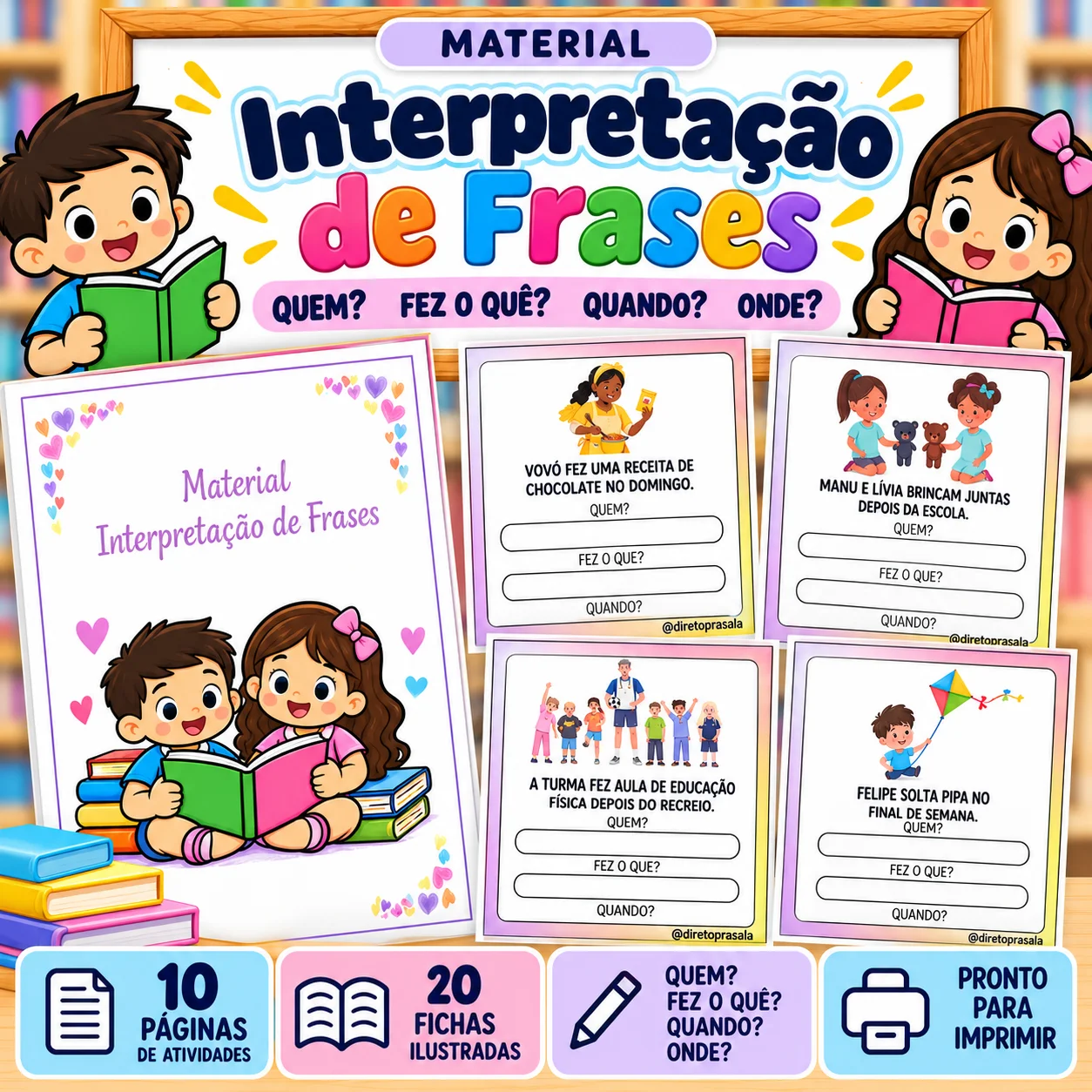 Interpretação de Frases | 20 Fichas de Leitura e Compreensão — Português para 1º ano: Fichas ilustradas para ler frases e…