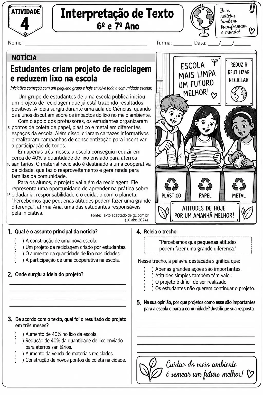 Interpretação de Texto 6º e 7º Ano – 10 Atividades — amostra 4: Material de Língua Portuguesa para 6º e 7º ano,…