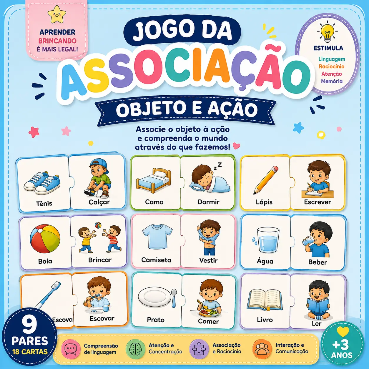 Jogo da Associação – Objeto e Ação | 9 Pares de Cartas — Jogos pedagógicos para Educação Infantil: Jogo da Associação com 9…