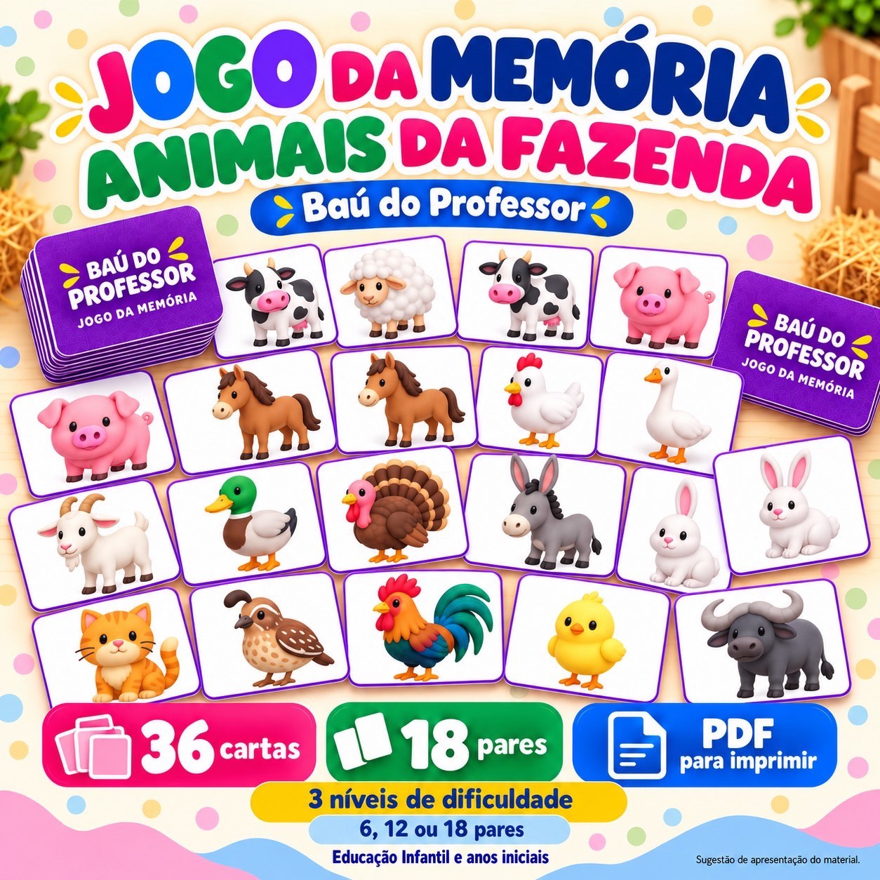 Jogo da Memória Animais da Fazenda para Imprimir — 18 Pares PDF — amostra 1: Explore os animais da fazenda em uma…
