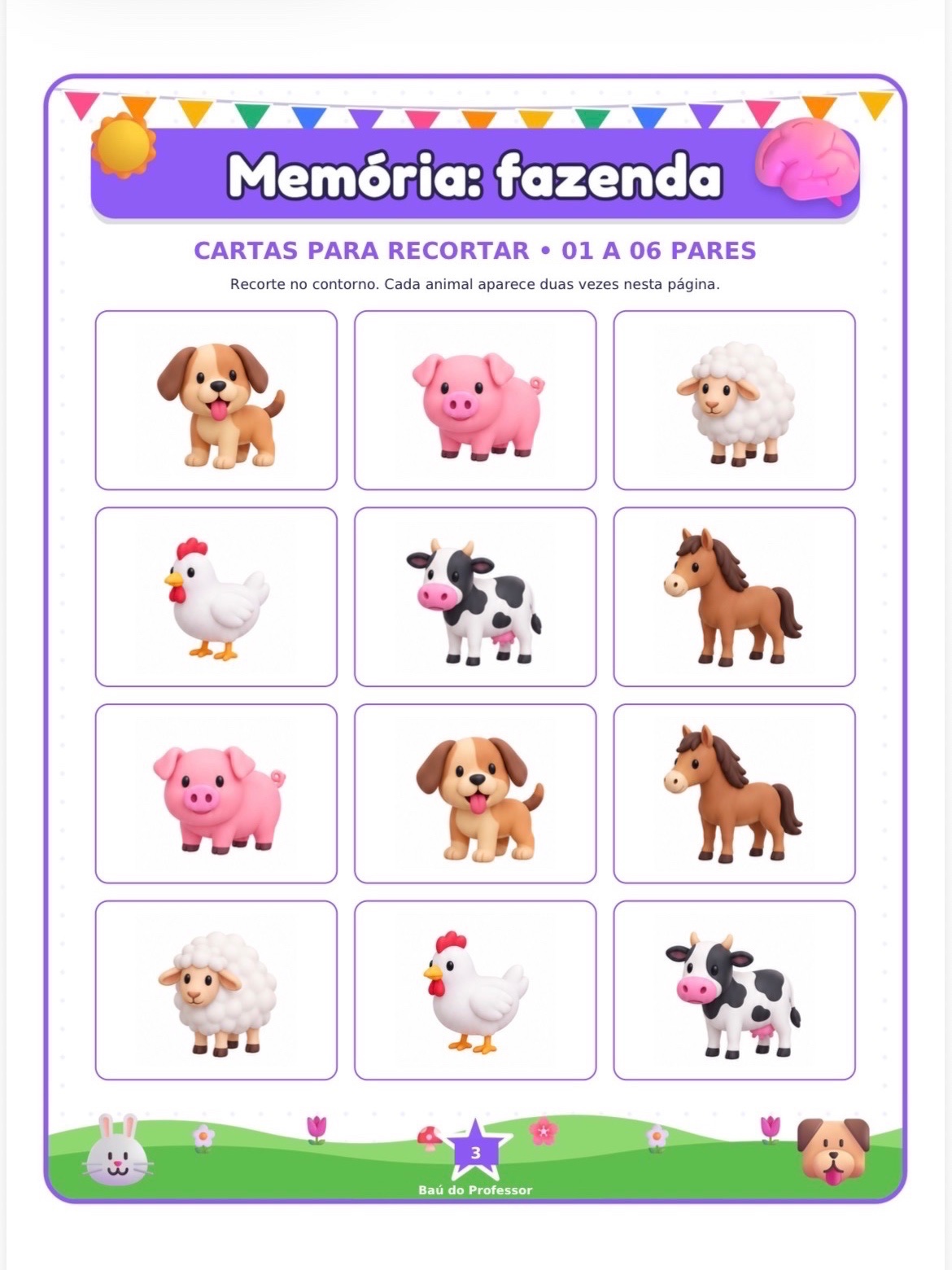 Jogo da Memória Animais da Fazenda para Imprimir — 18 Pares PDF — amostra 3: Jogo da Memória dos Animais da Fazenda para…