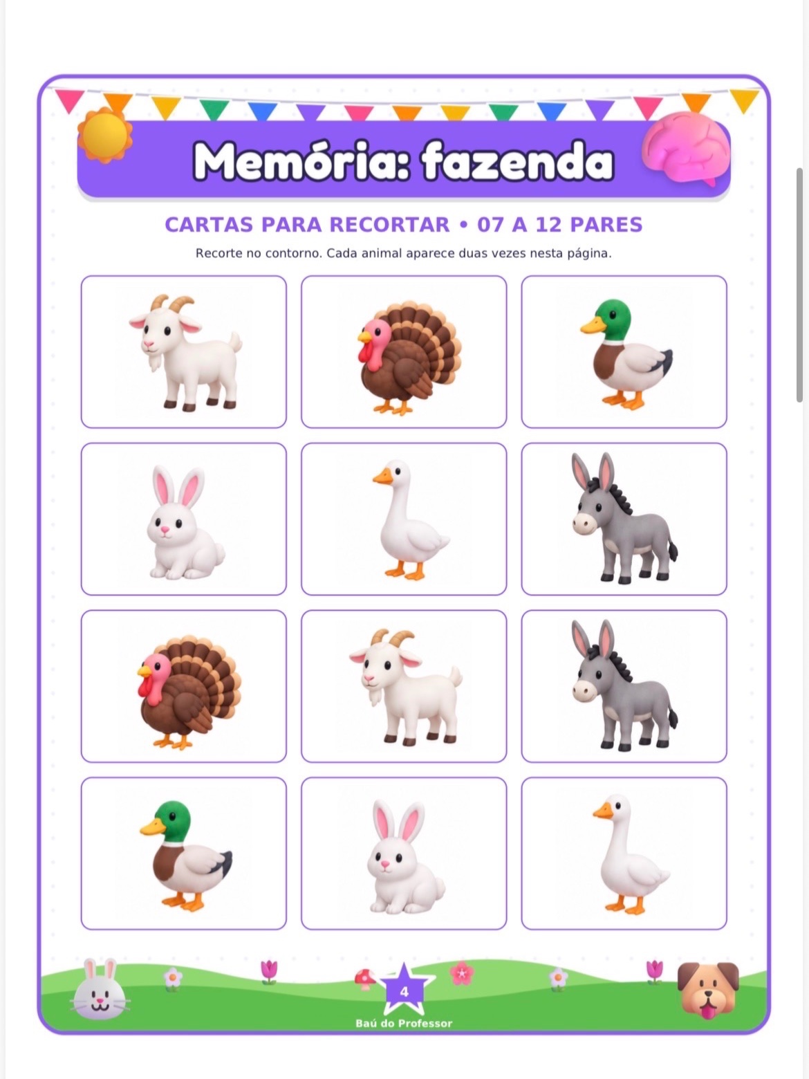 Jogo da Memória Animais da Fazenda para Imprimir — 18 Pares PDF — amostra 4: Jogo da Memória dos Animais da Fazenda para…