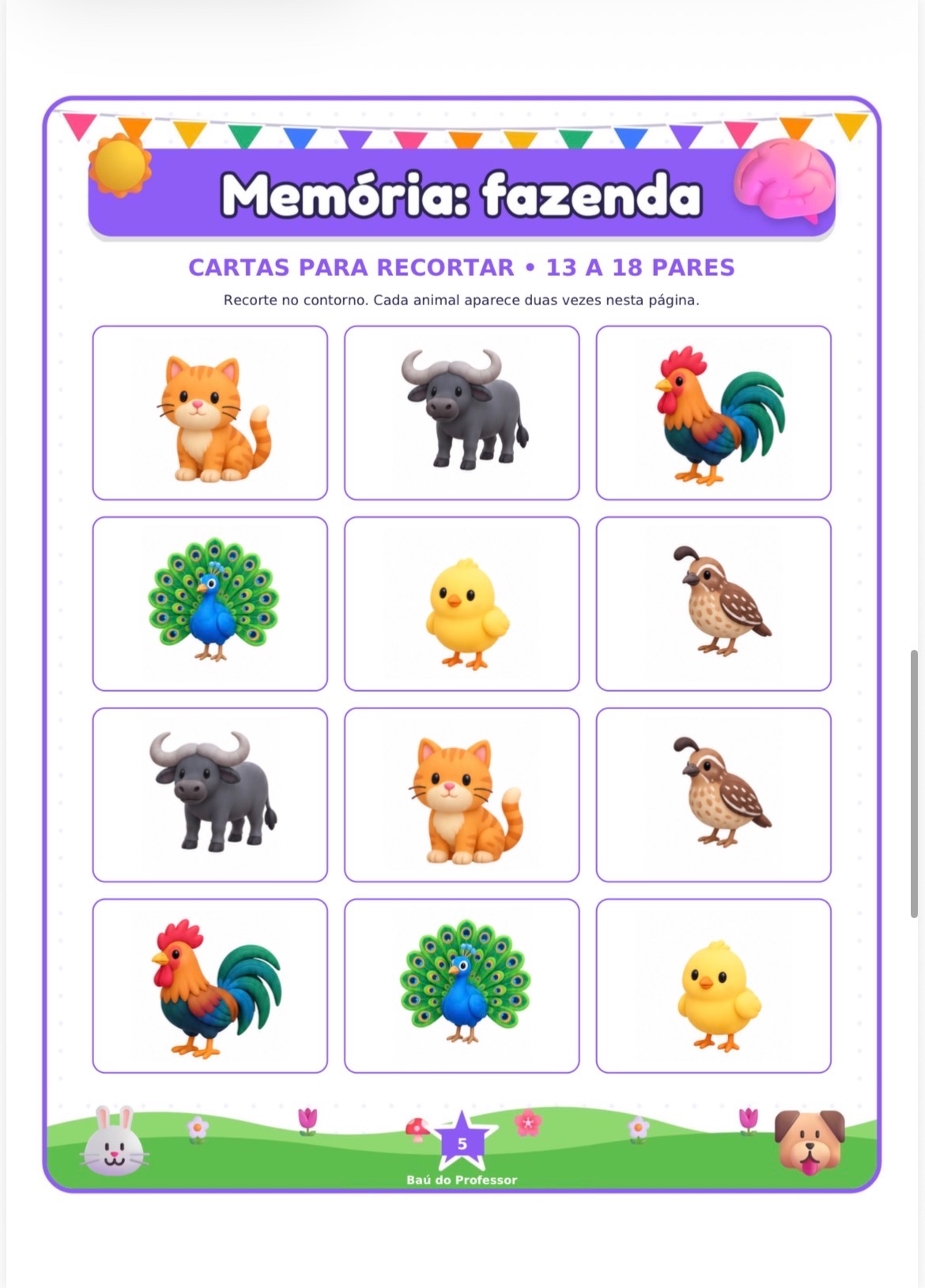 Jogo da Memória Animais da Fazenda para Imprimir — 18 Pares PDF — Ciências para Educação Infantil: Jogo da Memória dos…