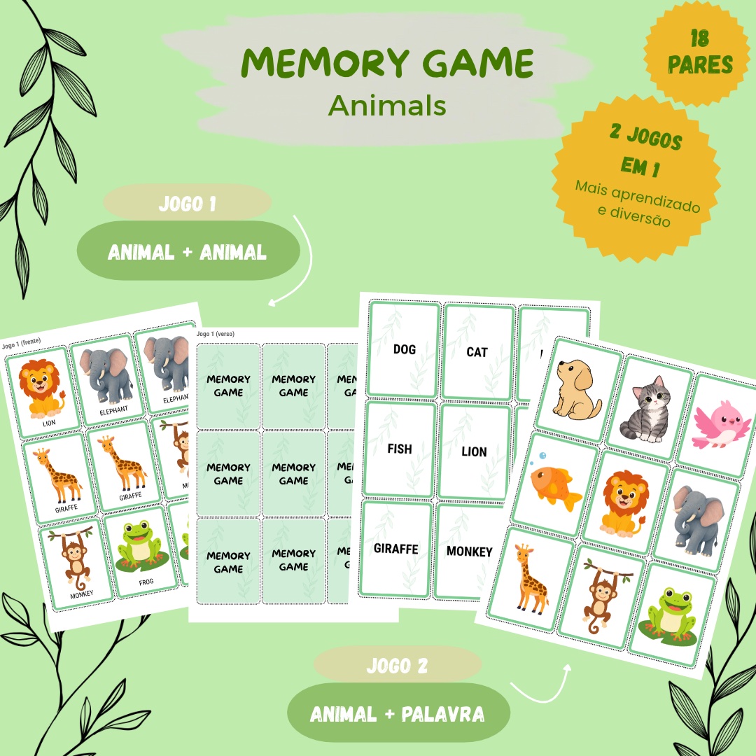 Jogo da Memória Animais em Inglês 2 em 1 (PDF para Imprimir) — capa do material