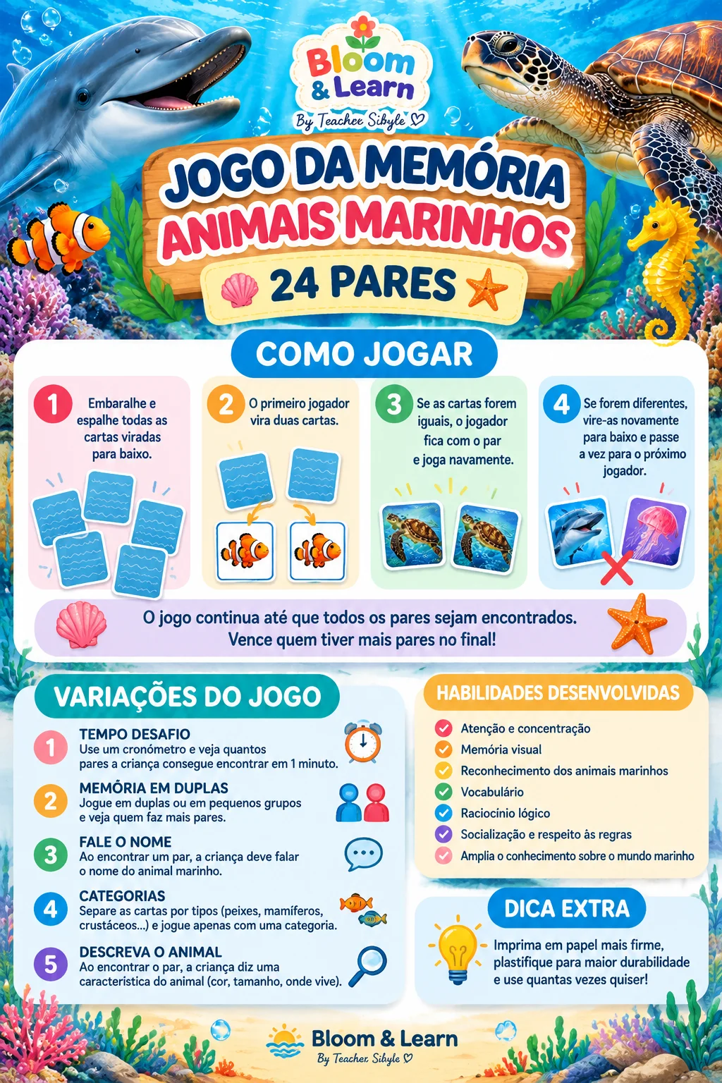 Jogo da Memória Animais Marinhos 24 Pares PDF para Imprimir — amostra 2: 🐬 O QUE VEM NESTE MATERIAL?