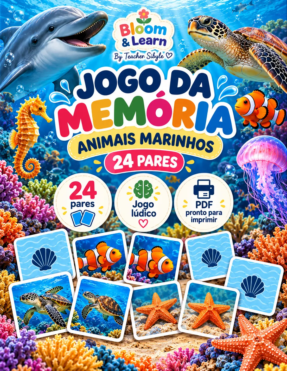 Jogo da Memória Animais Marinhos 24 Pares PDF para Imprimir — Jogos pedagógicos para Educação Infantil: Jogo da Memória com…