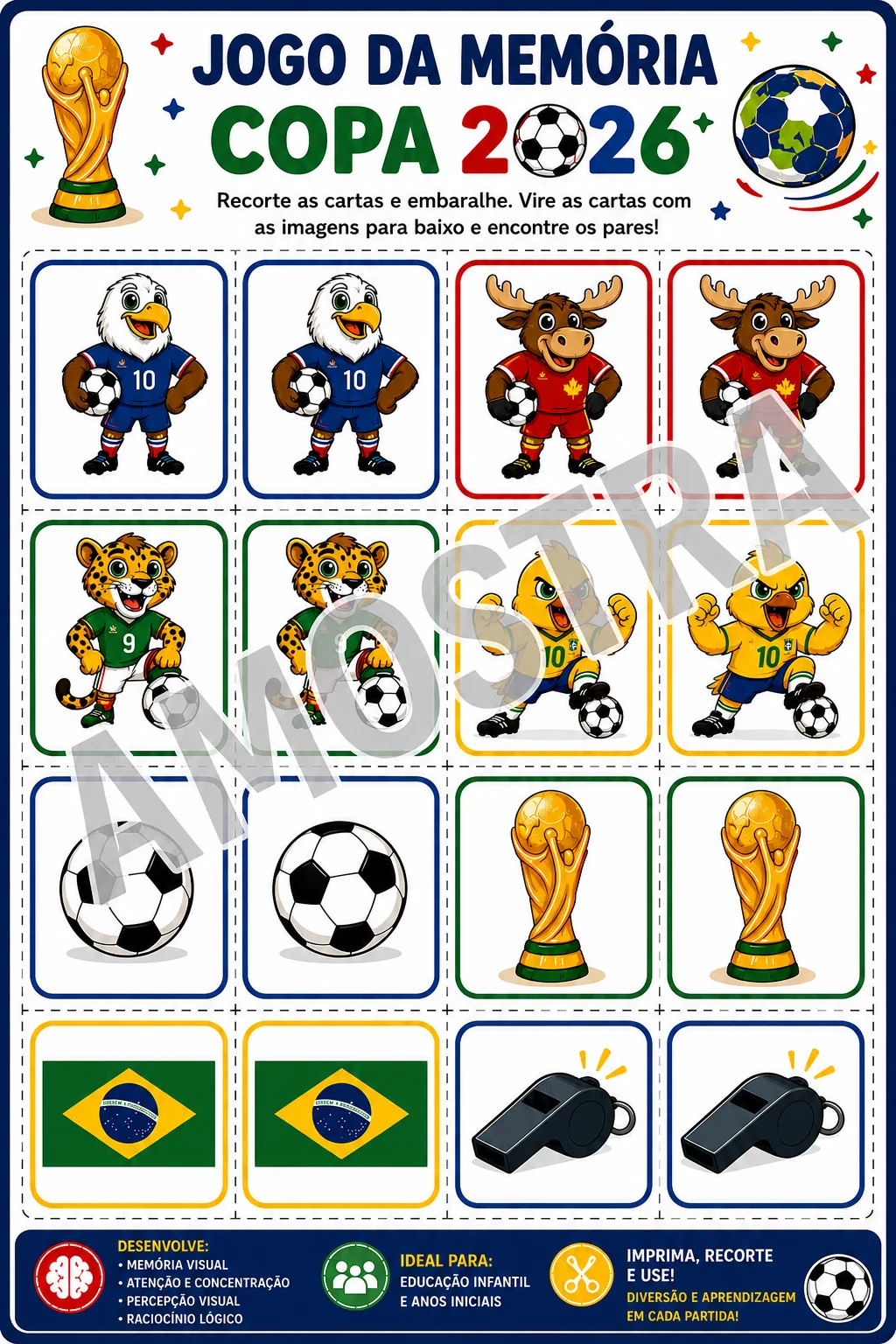 Jogo da Memória Copa do Mundo 2026 — amostra 1: Jogo da memória temático da Copa do Mundo 2026 com mascotes, bola, taça e…