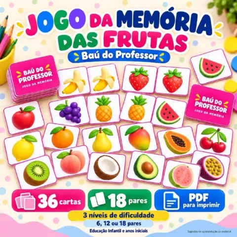 Jogo da Memória das Frutas para Imprimir — 18 Pares em PDF — capa do material