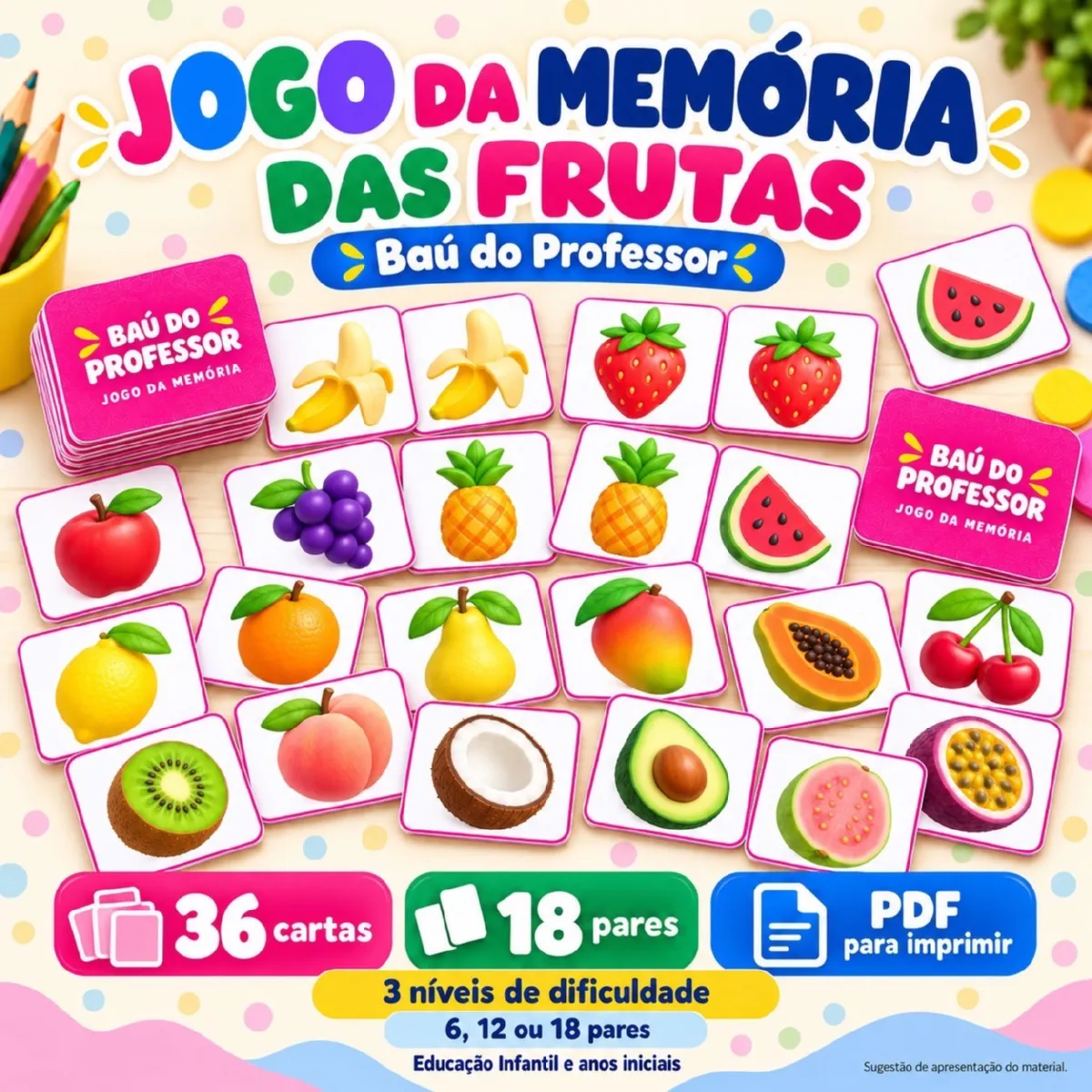 Jogo da Memória das Frutas para Imprimir — 18 Pares em PDF — Alfabetização para Educação Infantil: Jogo da Memória das…