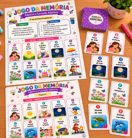 Jogo da memória de adjetivo e locução adjetiva para imprimir — capa do material