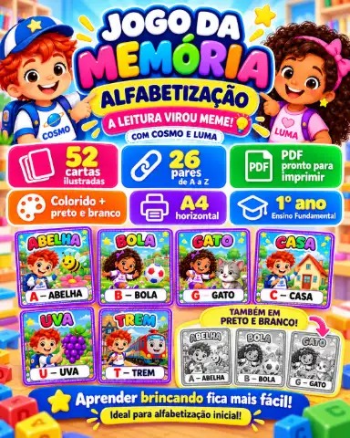 Jogo da memória de alfabetização para imprimir – 1º ano — amostra 1: O que é