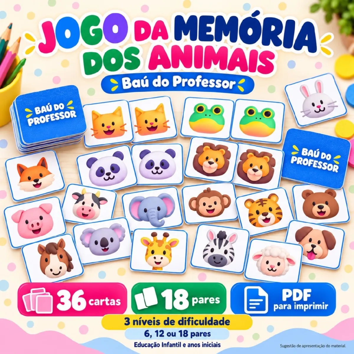 Jogo da Memória dos Animais para Imprimir — 18 Pares em PDF — Alfabetização para Educação Infantil: Jogo da Memória dos…