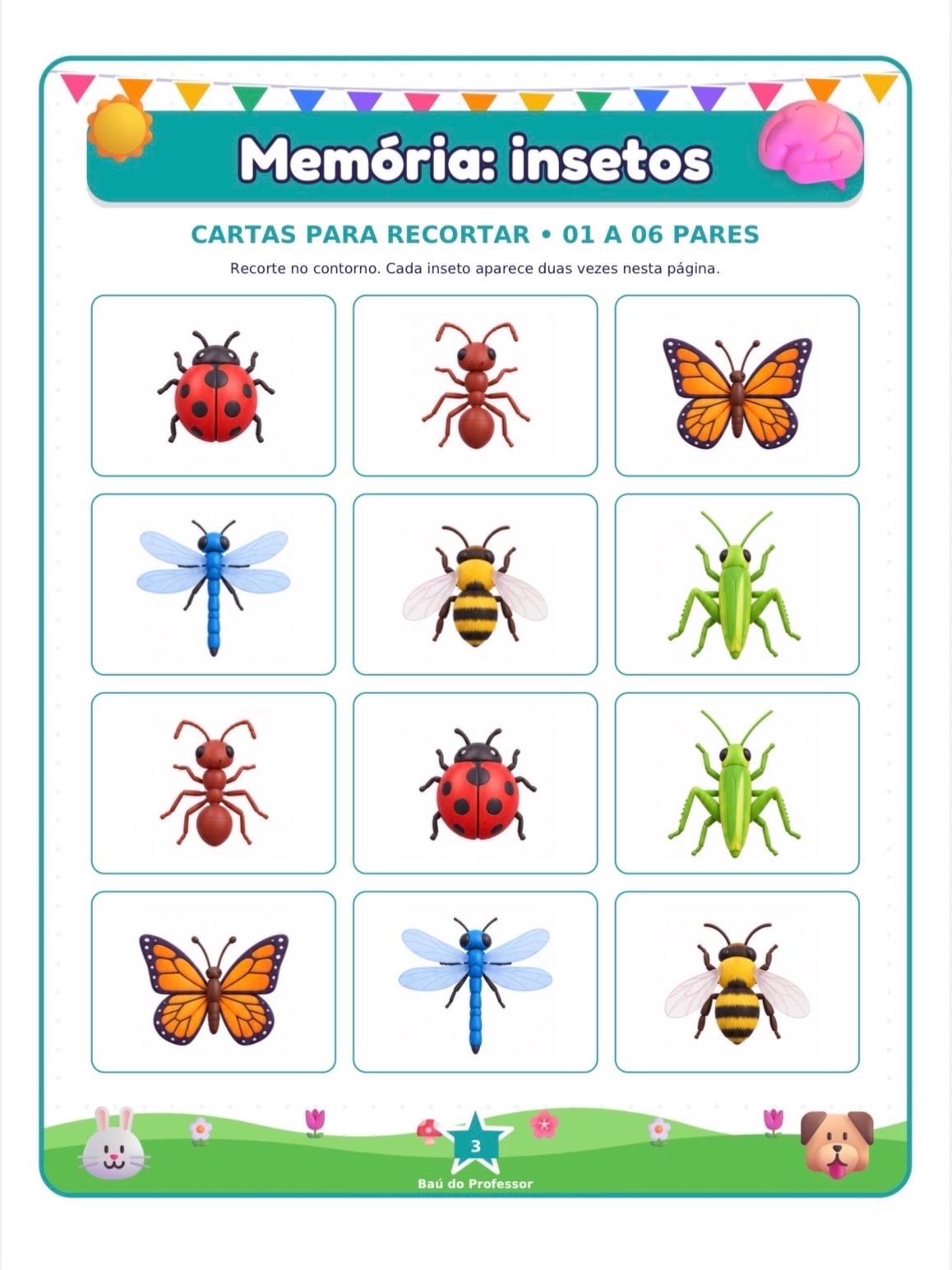 Jogo da Memória dos Insetos para Imprimir — 18 Pares PDF — amostra 2: Jogo da Memória dos Insetos para imprimir: 36 cartas,…