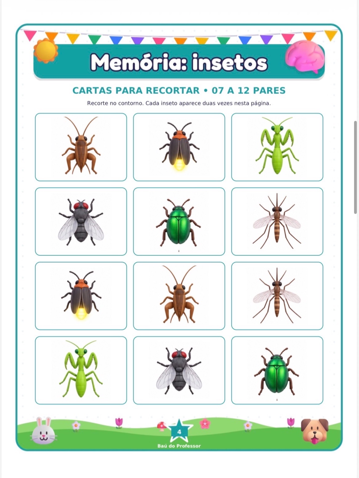 Jogo da Memória dos Insetos para Imprimir — 18 Pares PDF — amostra 3: Jogo da Memória dos Insetos para imprimir: 36 cartas,…