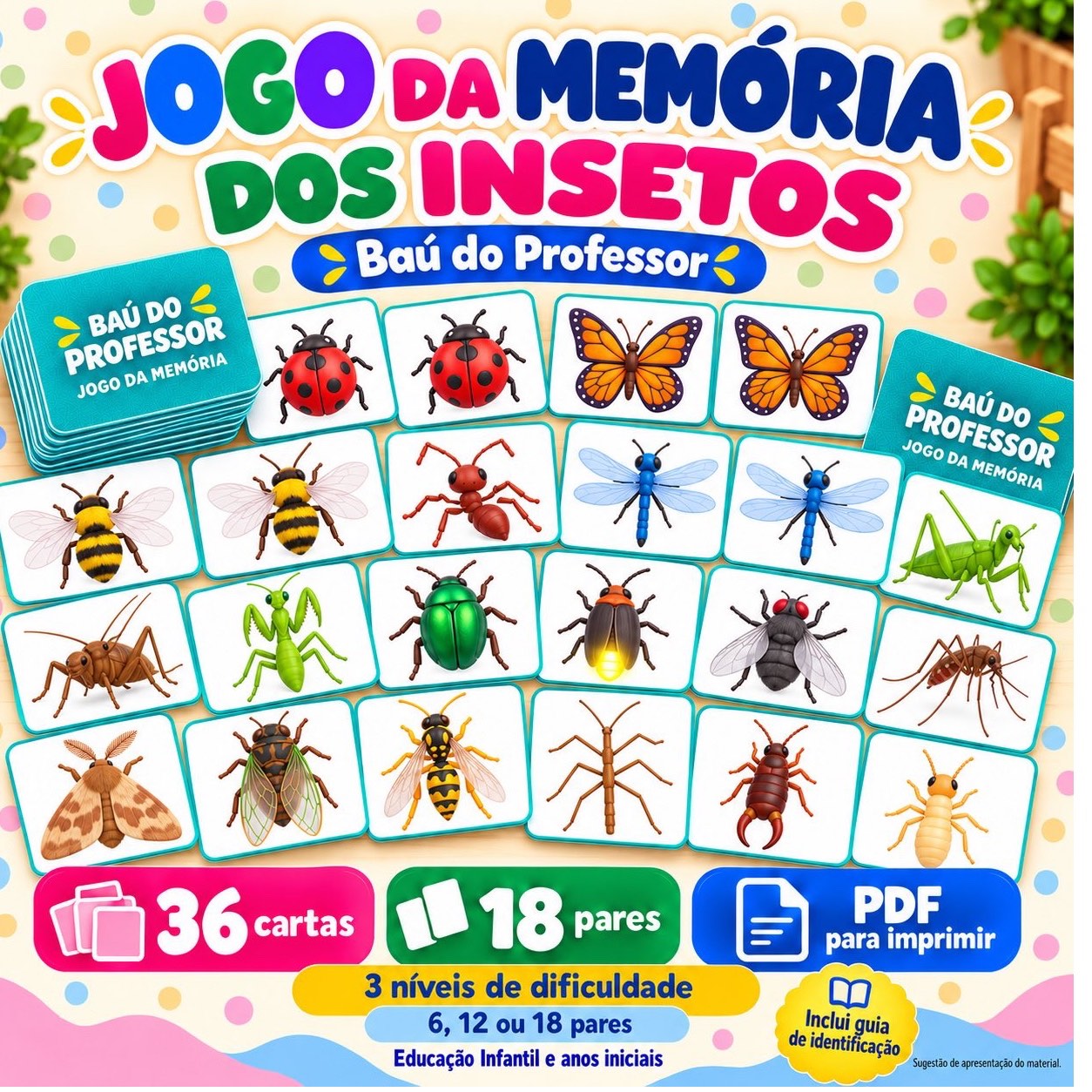 Jogo da Memória dos Insetos para Imprimir — 18 Pares PDF — capa do material
