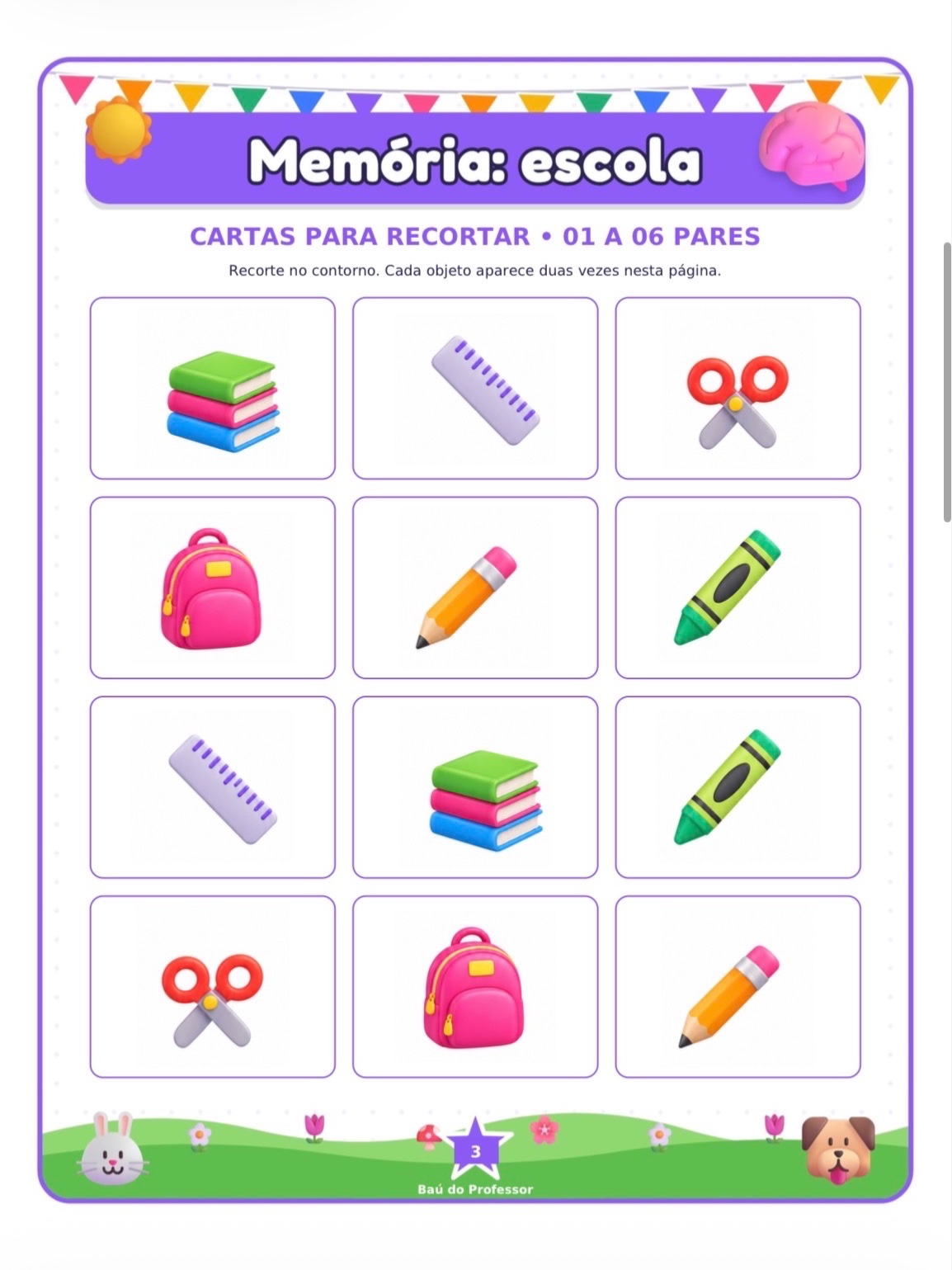 Jogo da Memória dos Materiais Escolares para Imprimir — 18 Pares PDF — amostra 2: Jogo da Memória dos Materiais Escolares…