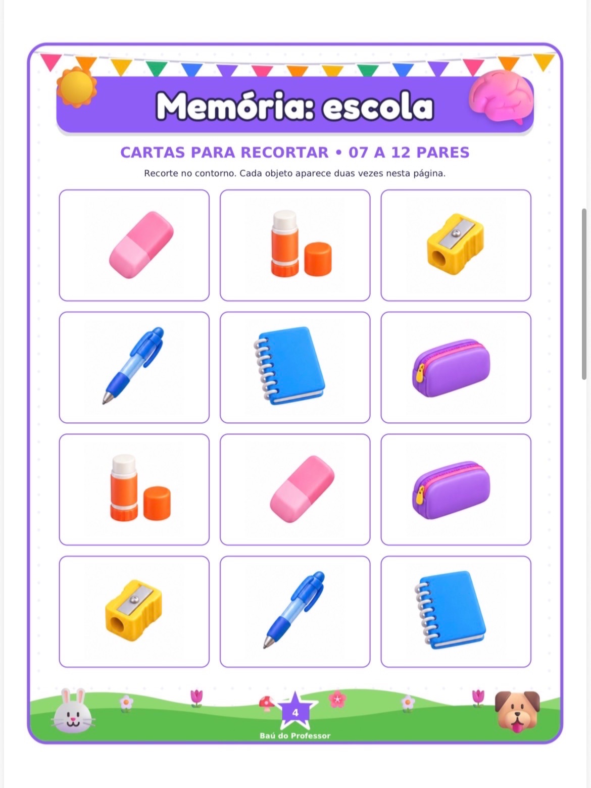 Jogo da Memória dos Materiais Escolares para Imprimir — 18 Pares PDF — amostra 3: Jogo da Memória dos Materiais Escolares…