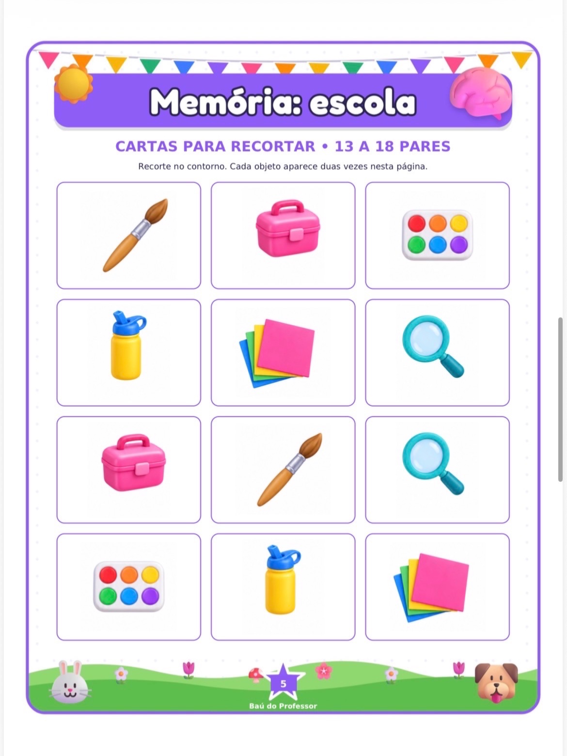 Jogo da Memória dos Materiais Escolares para Imprimir — 18 Pares PDF — amostra 4: Jogo da Memória dos Materiais Escolares…
