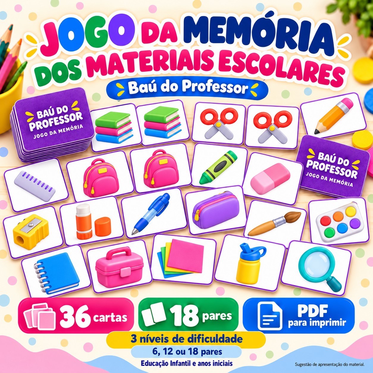 Jogo da Memória dos Materiais Escolares para Imprimir — 18 Pares PDF — Jogos pedagógicos para Educação Infantil: Jogo da…