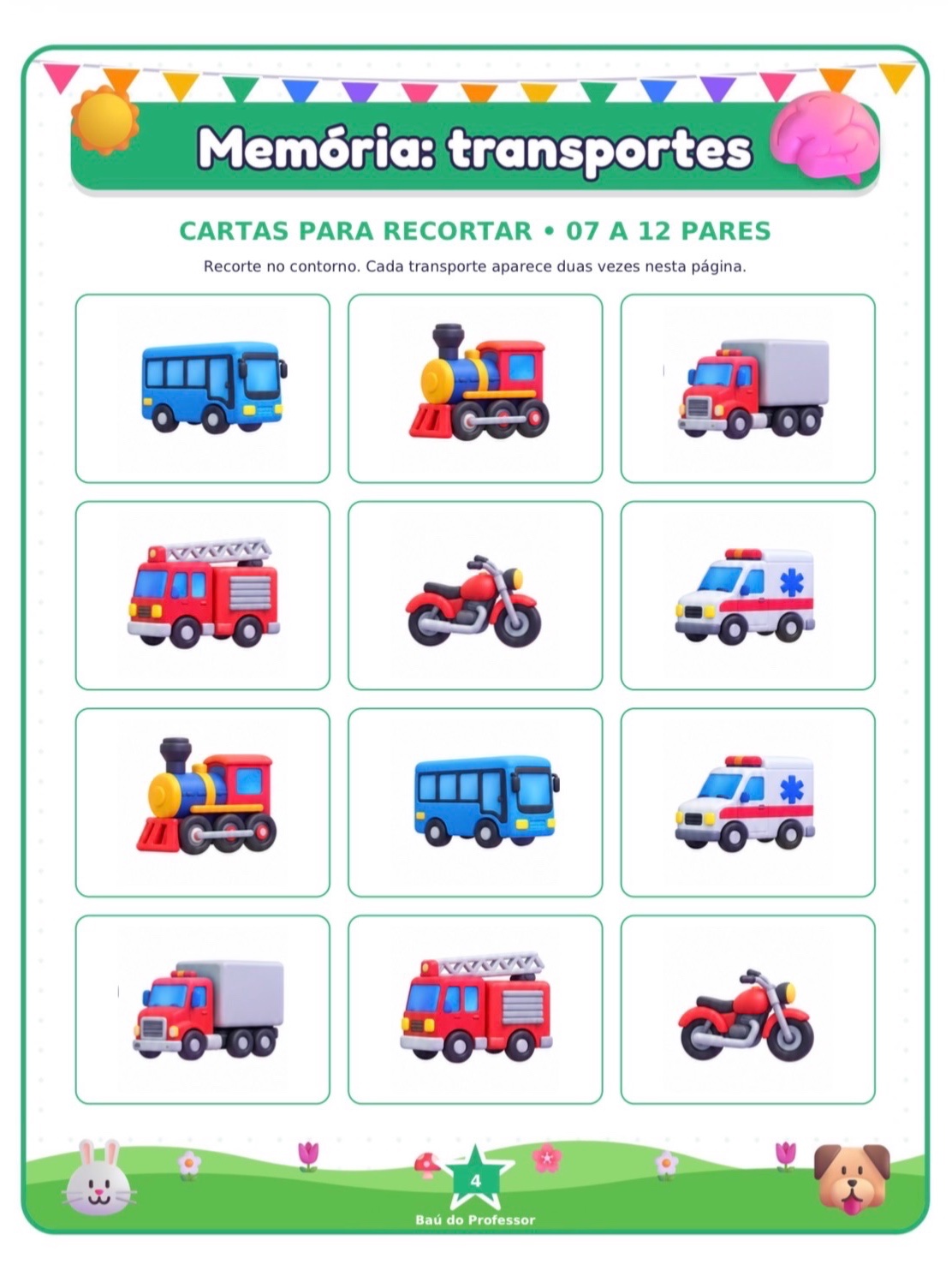 Jogo da Memória dos Meios de Transporte para Imprimir — 18 Pares PDF — amostra 3: Jogo da Memória dos Transportes para…