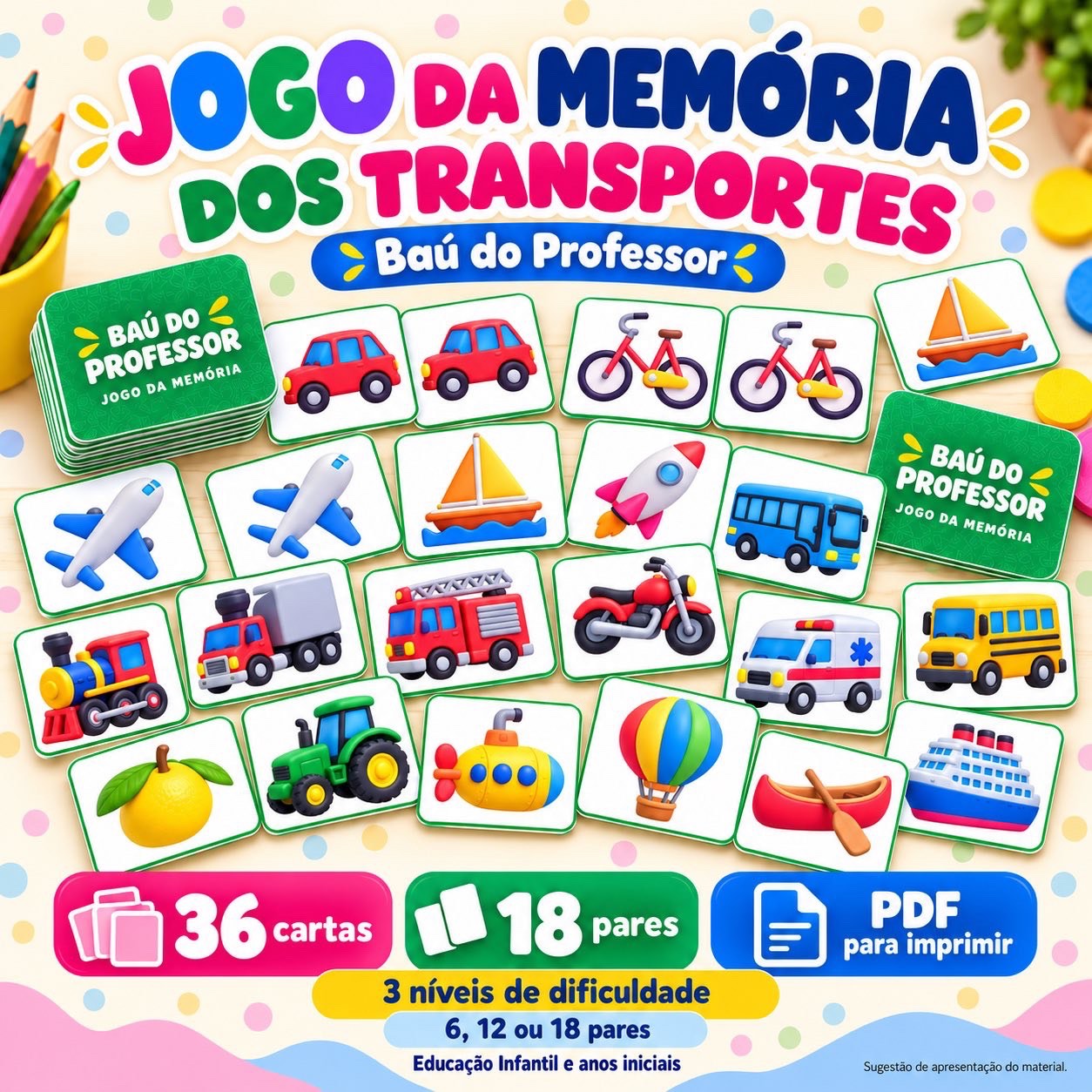 Jogo da Memória dos Meios de Transporte para Imprimir — 18 Pares PDF — Alfabetização para Educação Infantil: Jogo da…