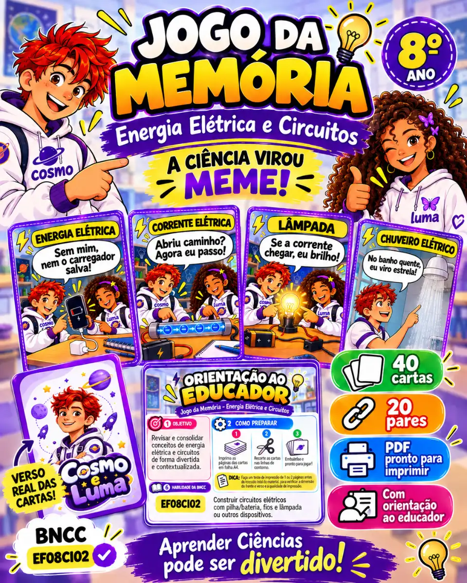 Jogo da Memória Energia Elétrica e Circuitos – 8º Ano em PDF — Atividades para Fundamental II (6º–9º): Transforme suas…
