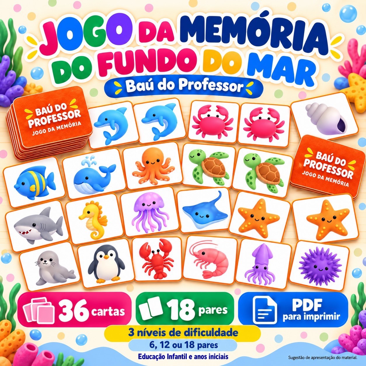 Jogo da Memória Fundo do Mar para Imprimir — 18 Pares PDF — Ciências para Educação Infantil: Jogo da Memória Fundo do Mar…