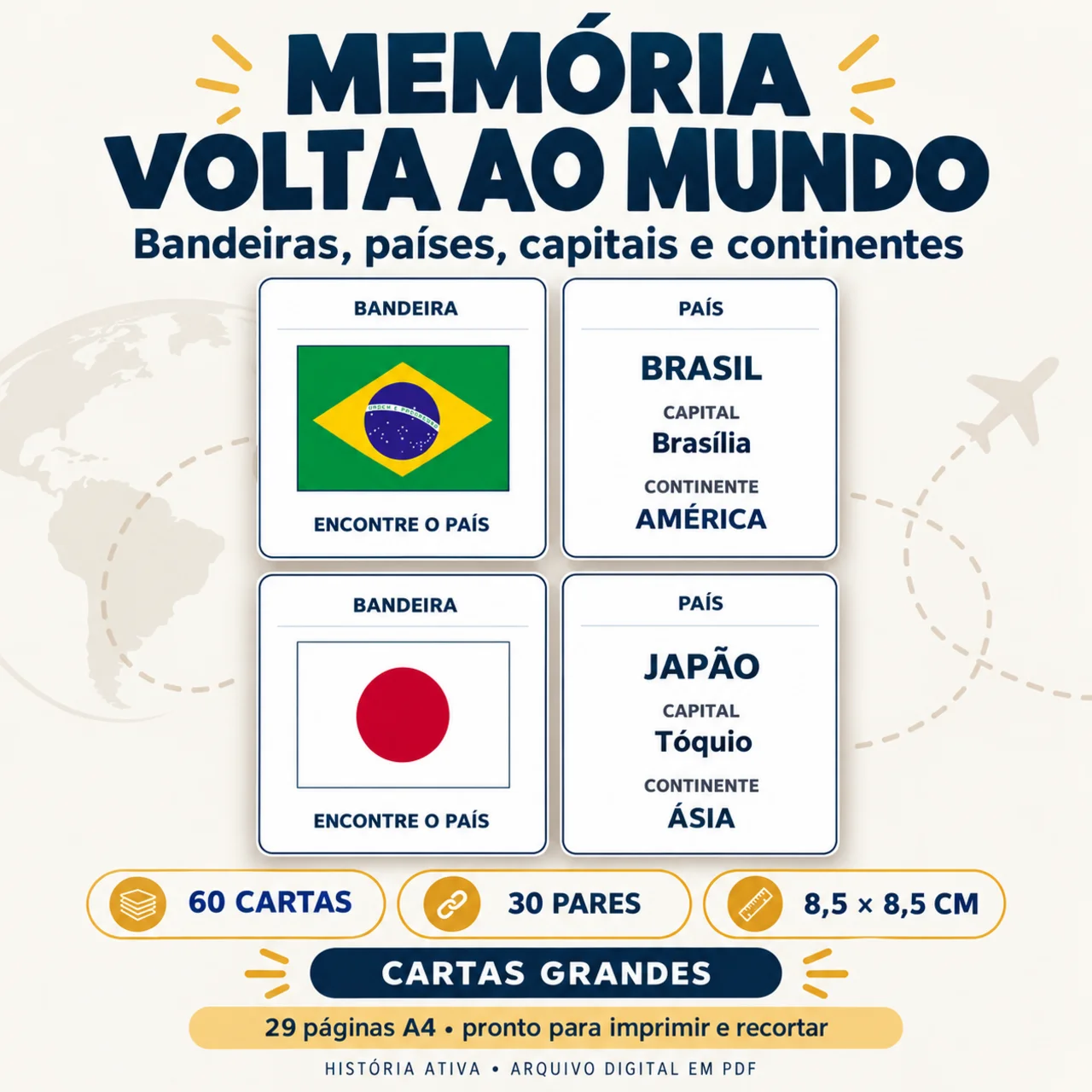 Jogo da Memória Geográfico: 60 Cartas Grandes em PDF — amostra 5: 60 cartas de 8,5 × 8,5 cm para relacionar bandeiras,… Jogo da Memória Geográfico: 60 Cartas Grandes em PDF — amostra 5: 60 cartas de 8,5 × 8,5 cm para relacionar bandeiras,…