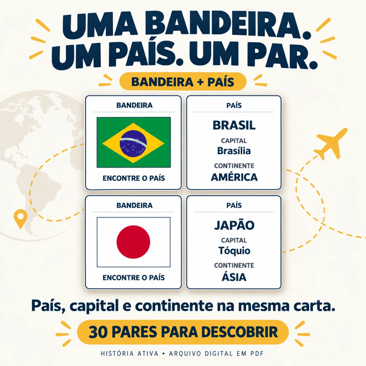 Jogo da Memória Geográfico: 60 Cartas Grandes em PDF — amostra 6: 60 cartas de 8,5 × 8,5 cm para relacionar bandeiras,… Jogo da Memória Geográfico: 60 Cartas Grandes em PDF — amostra 6: 60 cartas de 8,5 × 8,5 cm para relacionar bandeiras,…