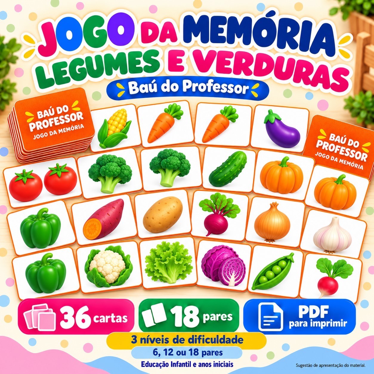 Jogo da Memória Legumes e Verduras para Imprimir — 18 Pares PDF — capa do material