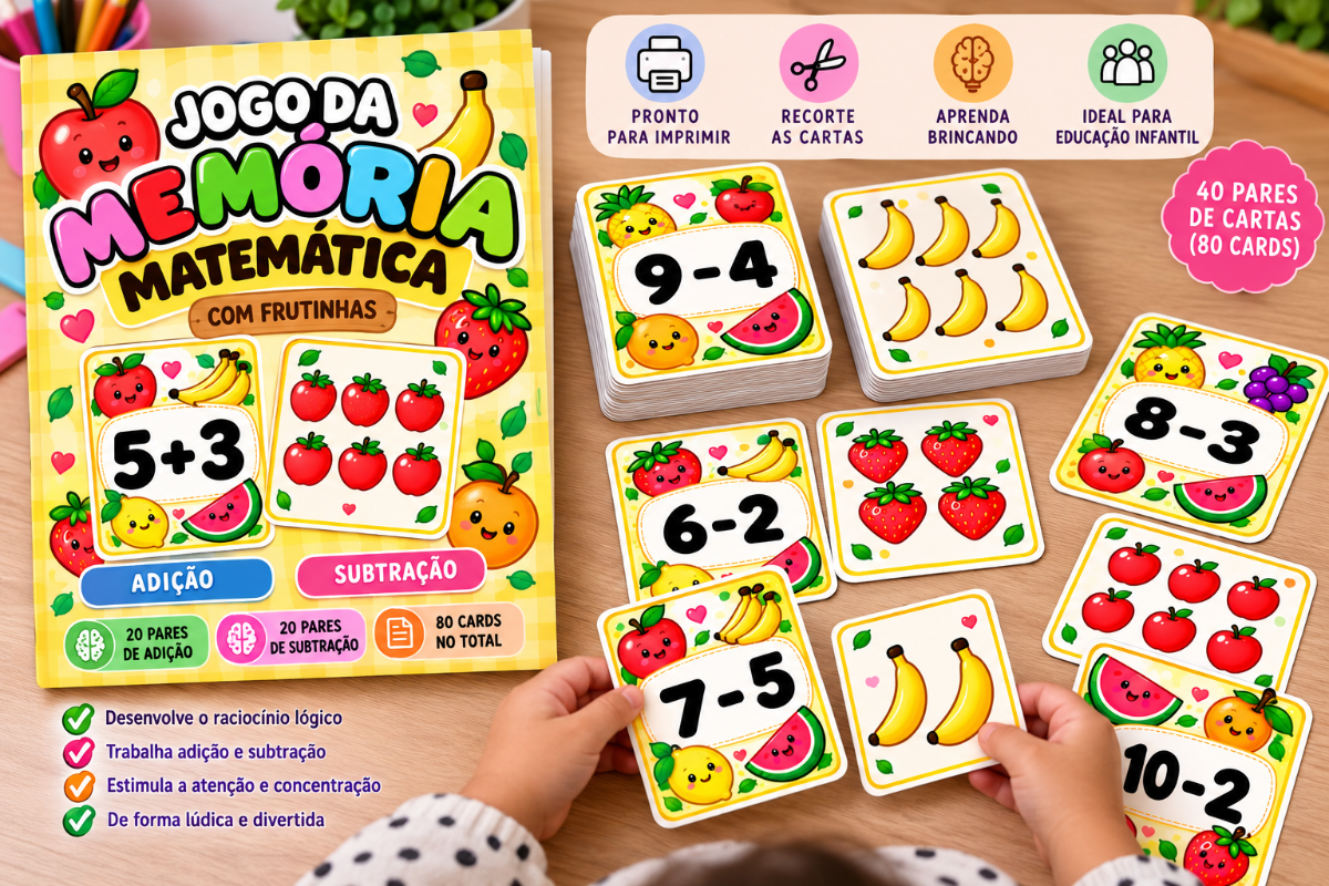 🍓 Jogo da Memória Matemática com Frutinhas — Adição e Subtração — amostra 1: Transforme o ensino da matemática em uma…