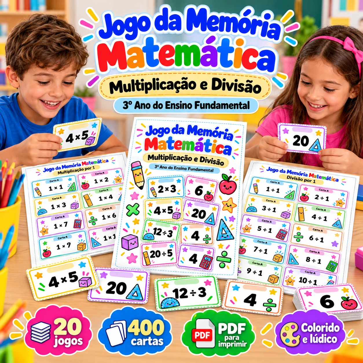 Jogo da Memória Matemática – Multiplicação e Divisão do 3º Ano — Matemática para 3º ano: Kit com 20 jogos da memória de…