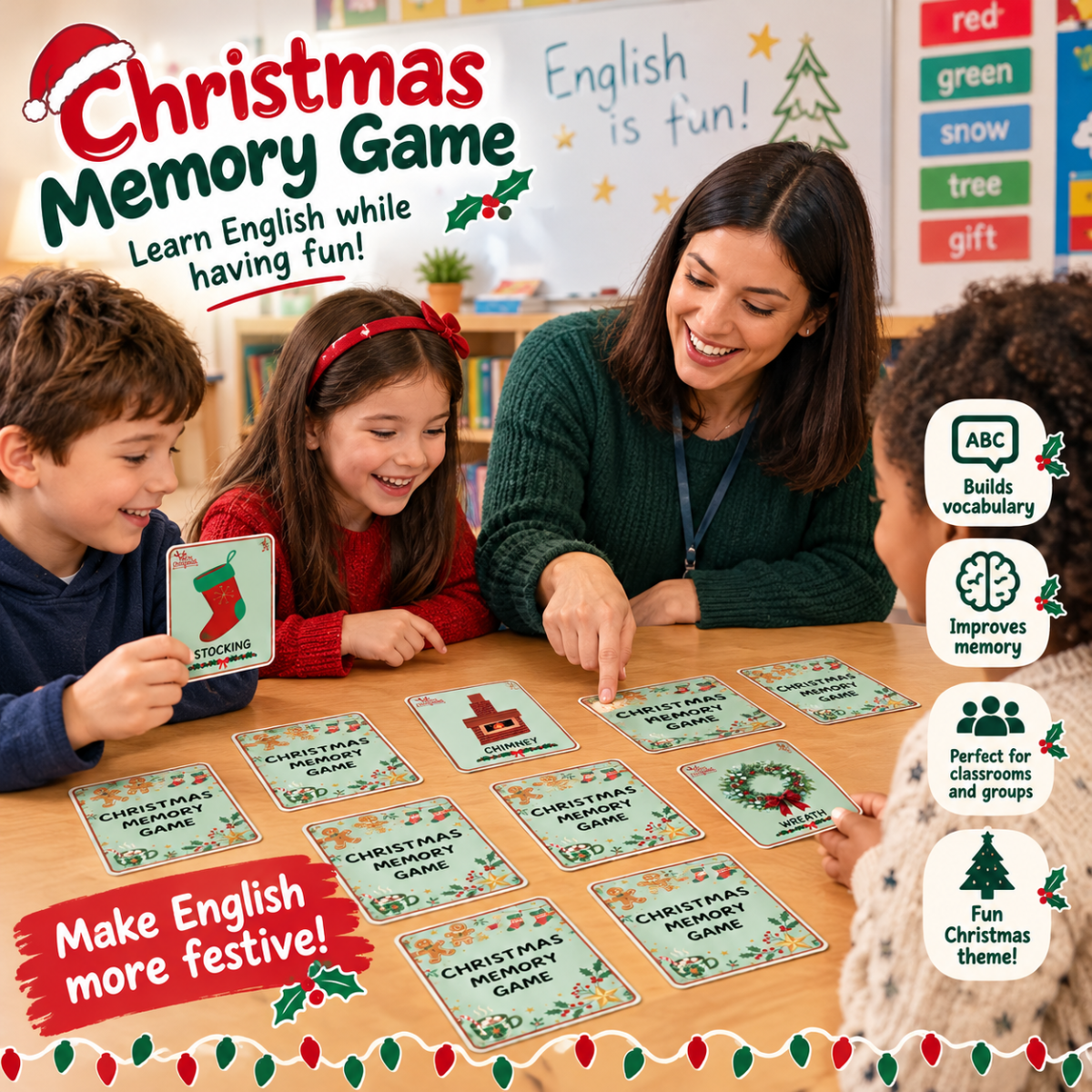 Jogo da Memória Natal em Inglês para Imprimir:Atividade 2em1 — Inglês para Ensino Fundamental I (1º–5º): Jogo da memória de…
