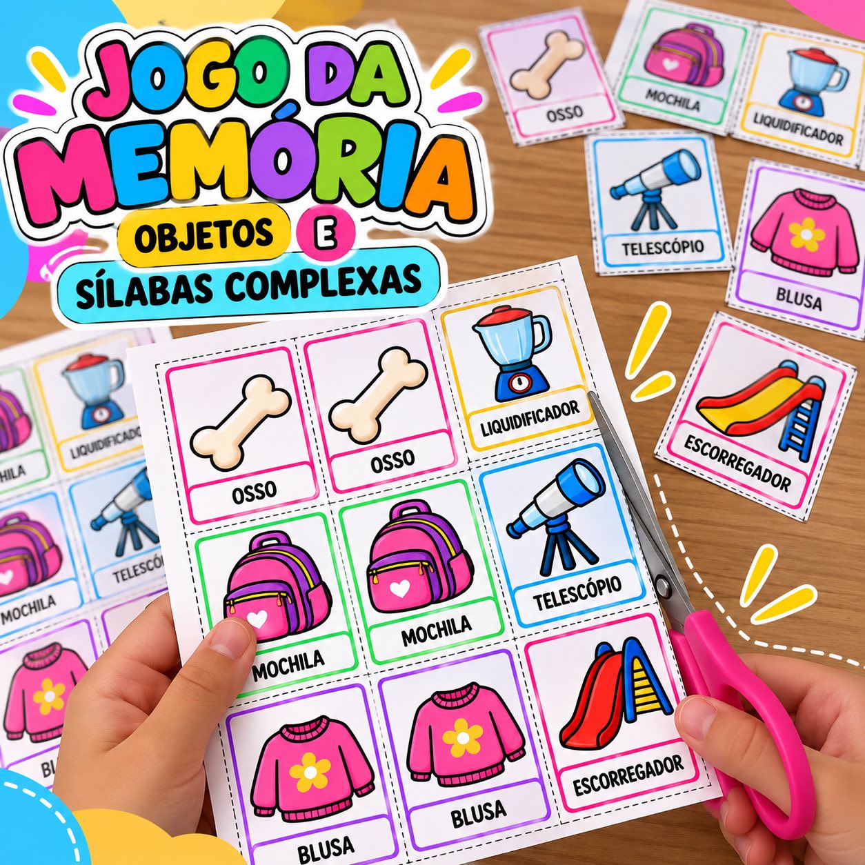 Jogo da Memória - Objetos e Sílabas Complexas — amostra 1: 📚 Habilidades trabalhadas: