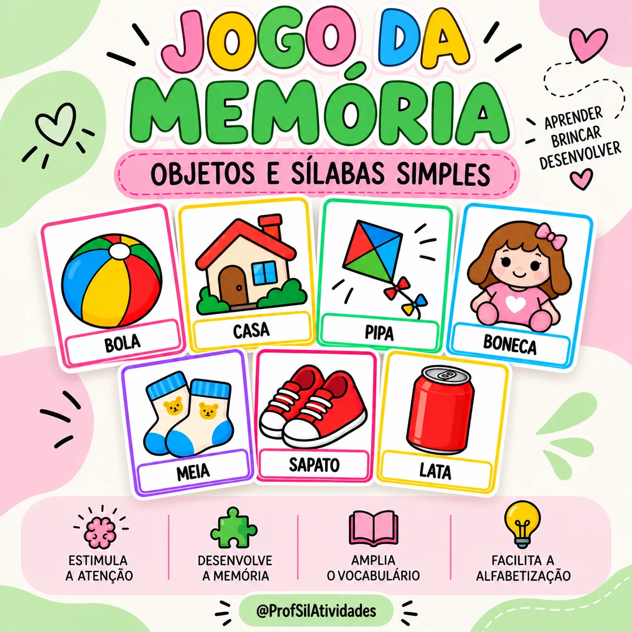 Jogo da Memória Objetos e Sílabas Simples — amostra 1: Ideal para desenvolver a atenção, memória, percepção visual,…