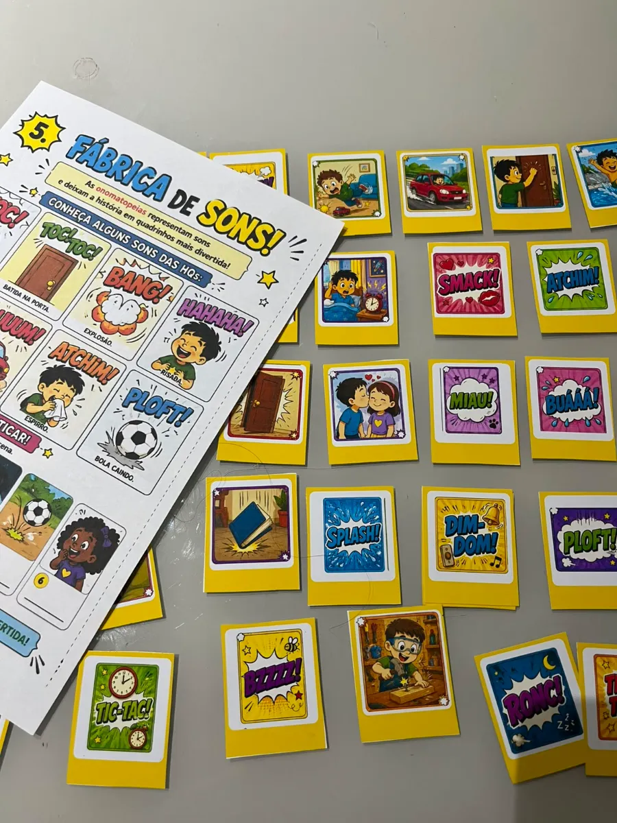 Jogo da Memória - Onomatopeias: Português — amostra 2: As crianças conhecem esses sons, mas será que conseguem descobrir…