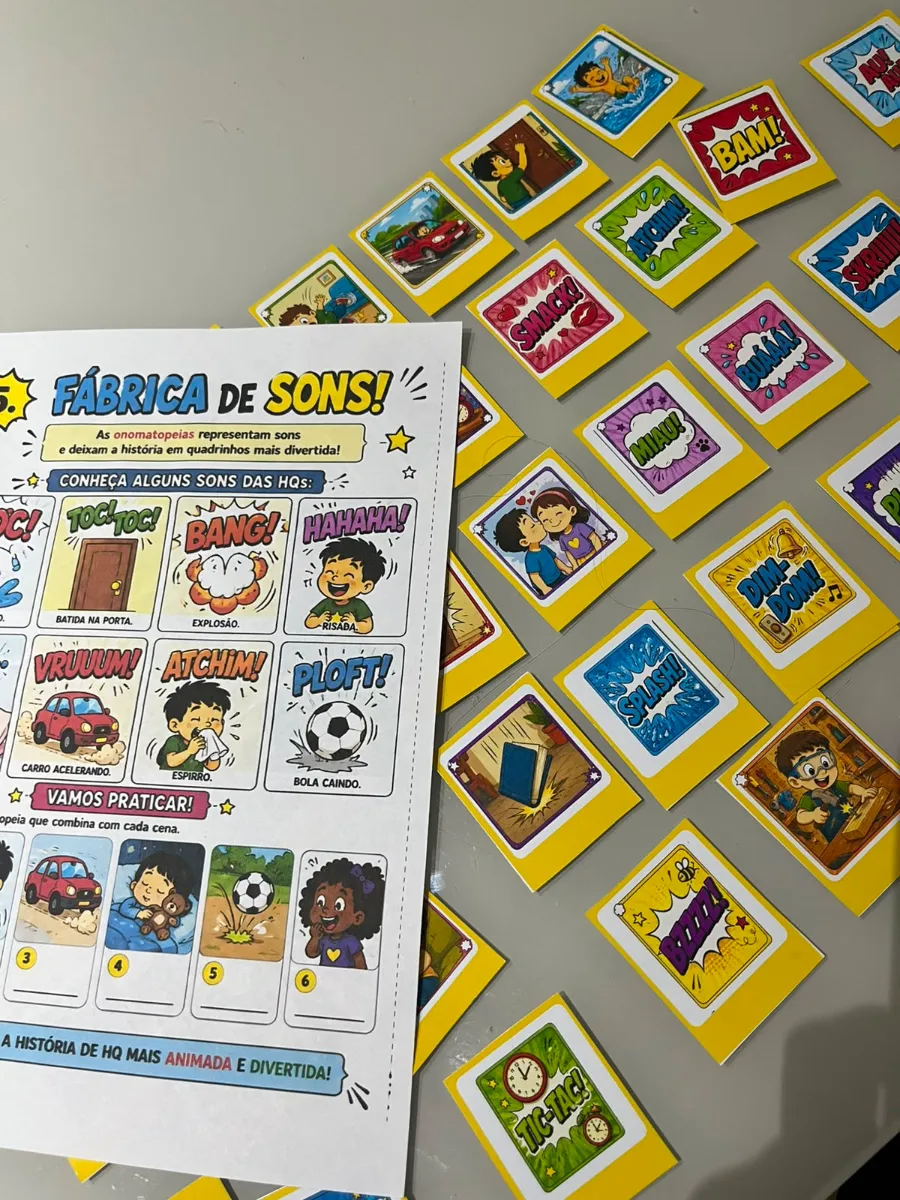 Jogo da Memória - Onomatopeias: Português — amostra 6: As crianças conhecem esses sons, mas será que conseguem descobrir…