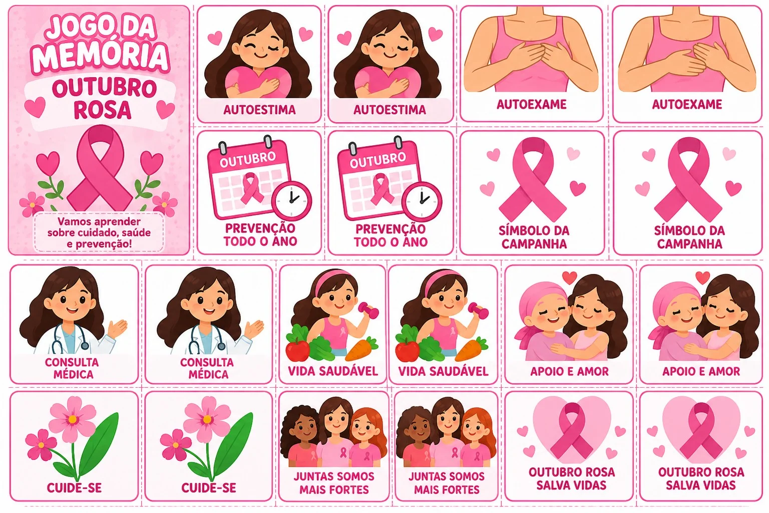 Jogo da Memória Outubro Rosa Ensino Fundamental — amostra 5: 💗 Trabalhe a conscientização sobre o Outubro Rosa de forma…