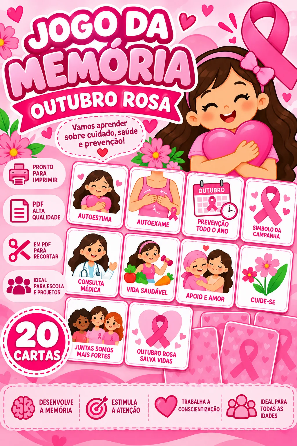 Jogo da Memória Outubro Rosa Ensino Fundamental — Português para Educação Infantil: 💗 Trabalhe a conscientização sobre o…