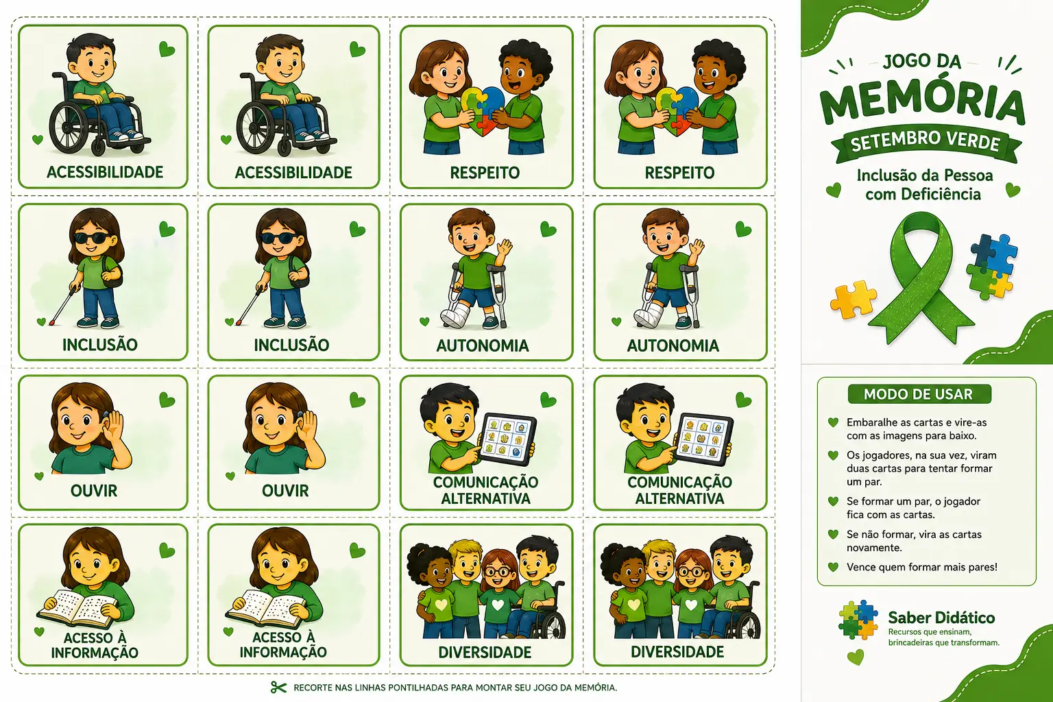 Jogo da Memória Setembro Verde – Inclusão da Pessoa com Deficiências — amostra 1: Jogo da Memória Setembro Verde com 16…